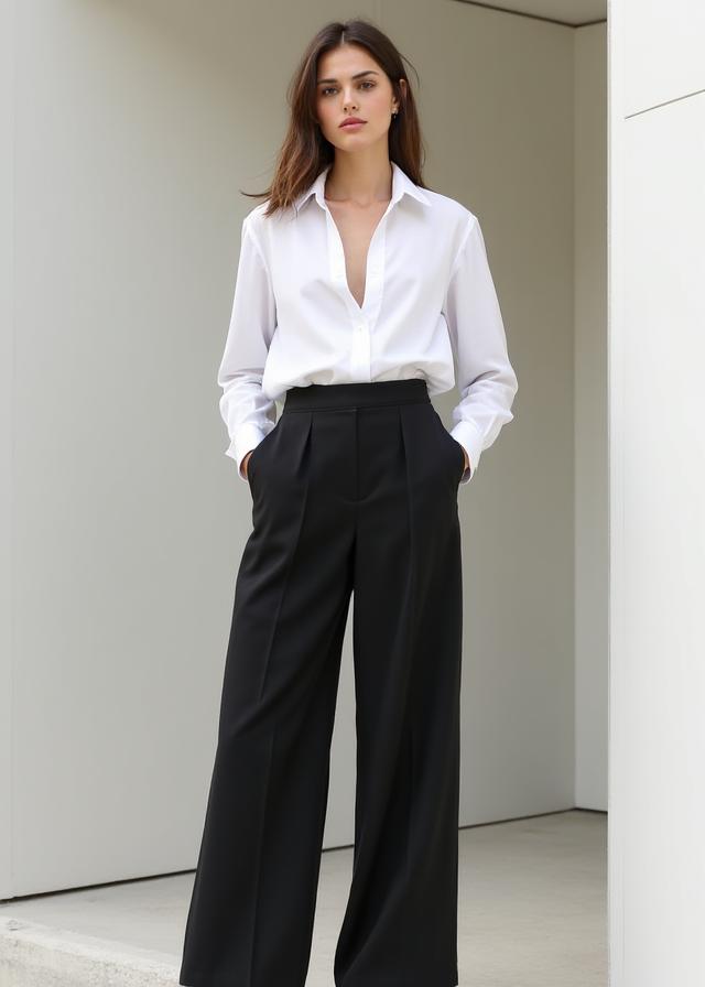 Pantalon large noir et chemise blanche, look essentiel, Fleur Atelier
