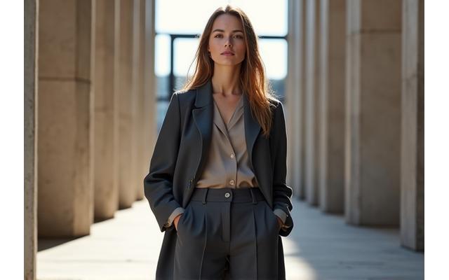 Un ensemble prêt-à-porter élégant et moderne, sur un mannequin au look chic.