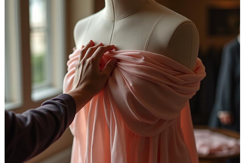 Artisan drapant un tissu luxueux sur un mannequin, symbolisant la haute couture sur mesure.