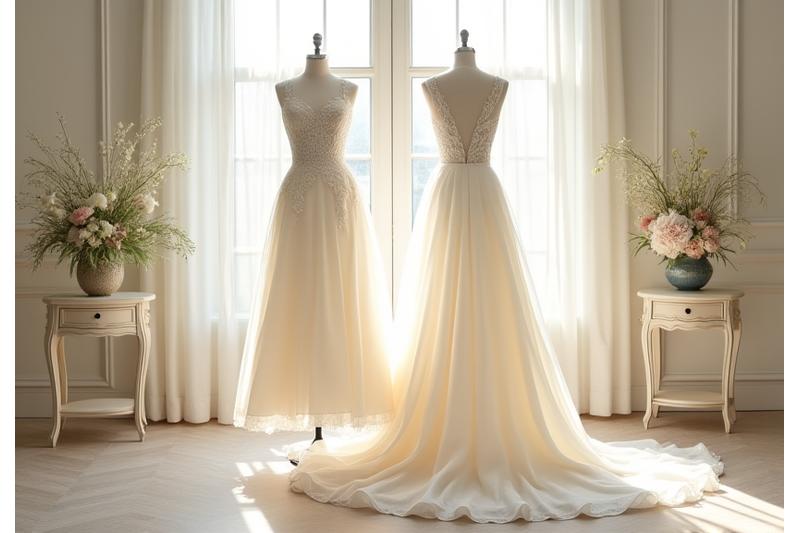 Robe de mariée élégante en dentelle et soie, suspendue dans un atelier lumineux.